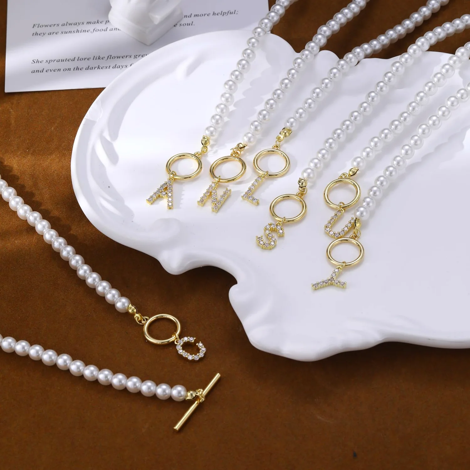 CAROVO Initial Pearl Toggle Necklace, Letter H · Gold